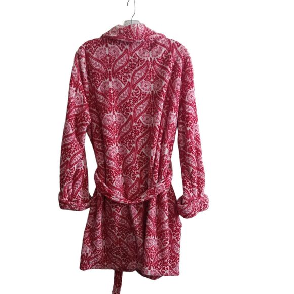 Lucky Brand Bathrobe Women Medium Red White  Floral Pockets Tie Soft - Picture 2 of 10